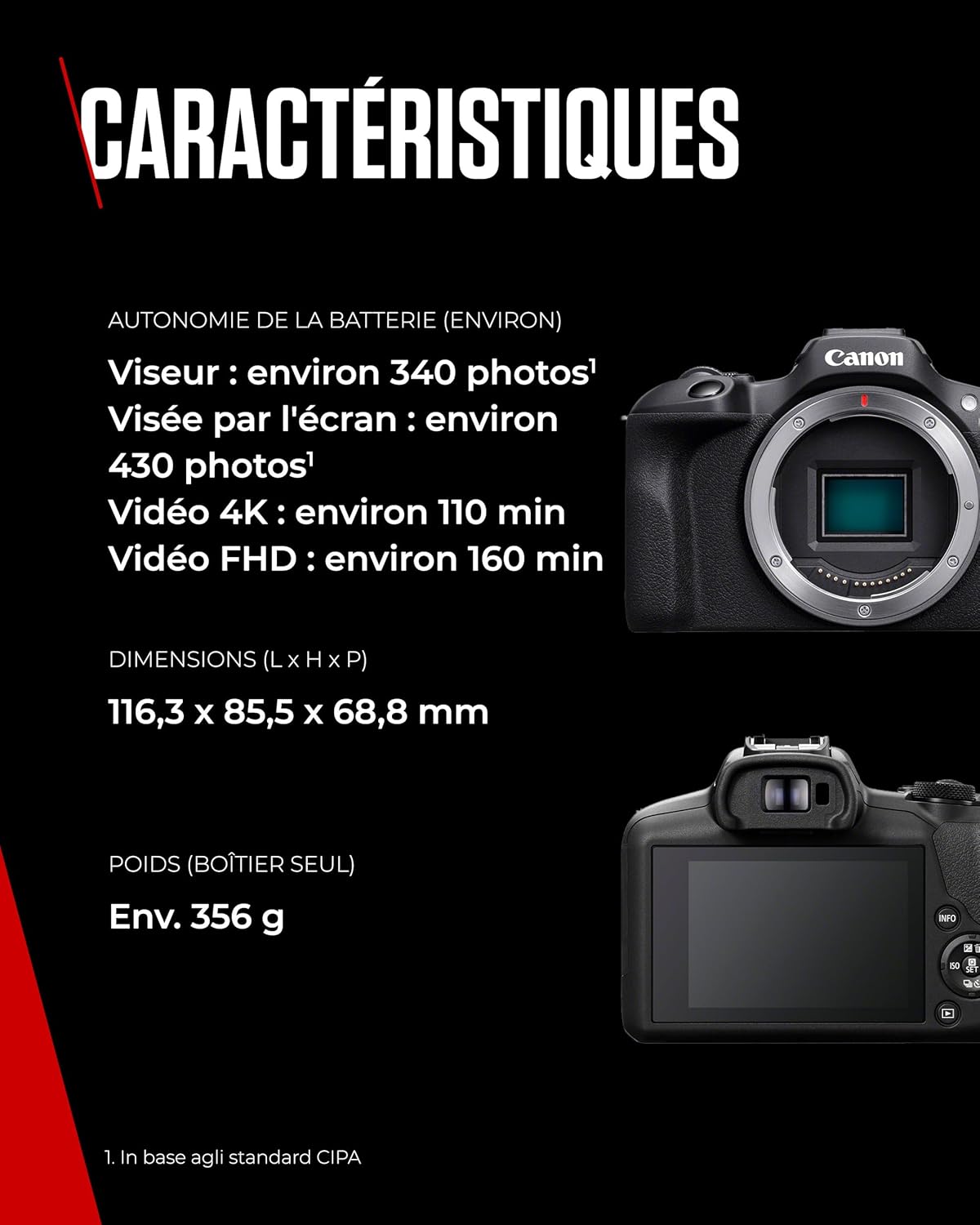Canon EOS R100 Appareil Photo Hybride Compact à capteur APS-C stabilisé 24M Pixels, Vidéo 4K, Wi-FI, AutoFocus Dual Pixel, boitier Nu Noir