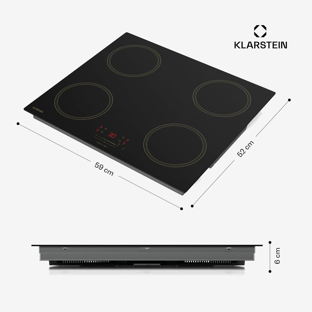 Klarstein Victoria Plaque À Induction Encastrable - 4 Zones, 7000 W Avec Boosters, Curseur & Minuterie, Verrouillage Parental, Vitrocéramique Noire, Largeur 59 cm