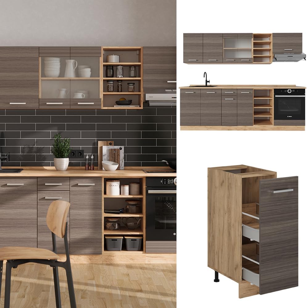 Vicco Cuisine R-Line, Gris Noble/chêne doré, 240cm, PT Marbre