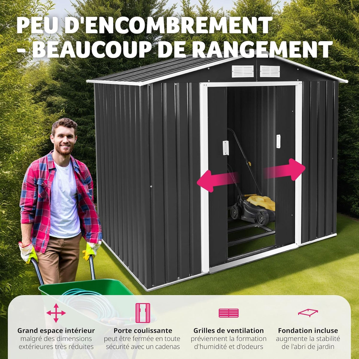 tectake Abri de Jardin en métal Cabane de Jardin à Outils en Métal Toiture 2 pans avec Fondation, Rangement et Stockage extérieurs Moto, Vélo, Tondeuse, Brouette, Outils de Jardinage 214x130x185 cm
