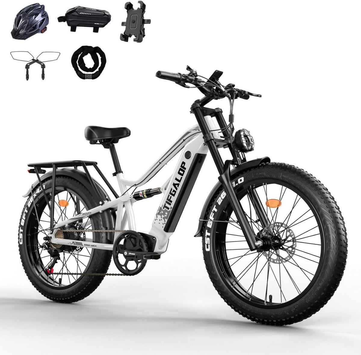 Lohang Vélo électrique pour Adultes, VTT 26 Pouces, Batterie 52 V 19/21 Ah, autonomie jusqu'à 40-90 km, Moteur Unique/Double, Double amortisseurs, 7 Vitesses, vélo électrique de Plage et de Neige