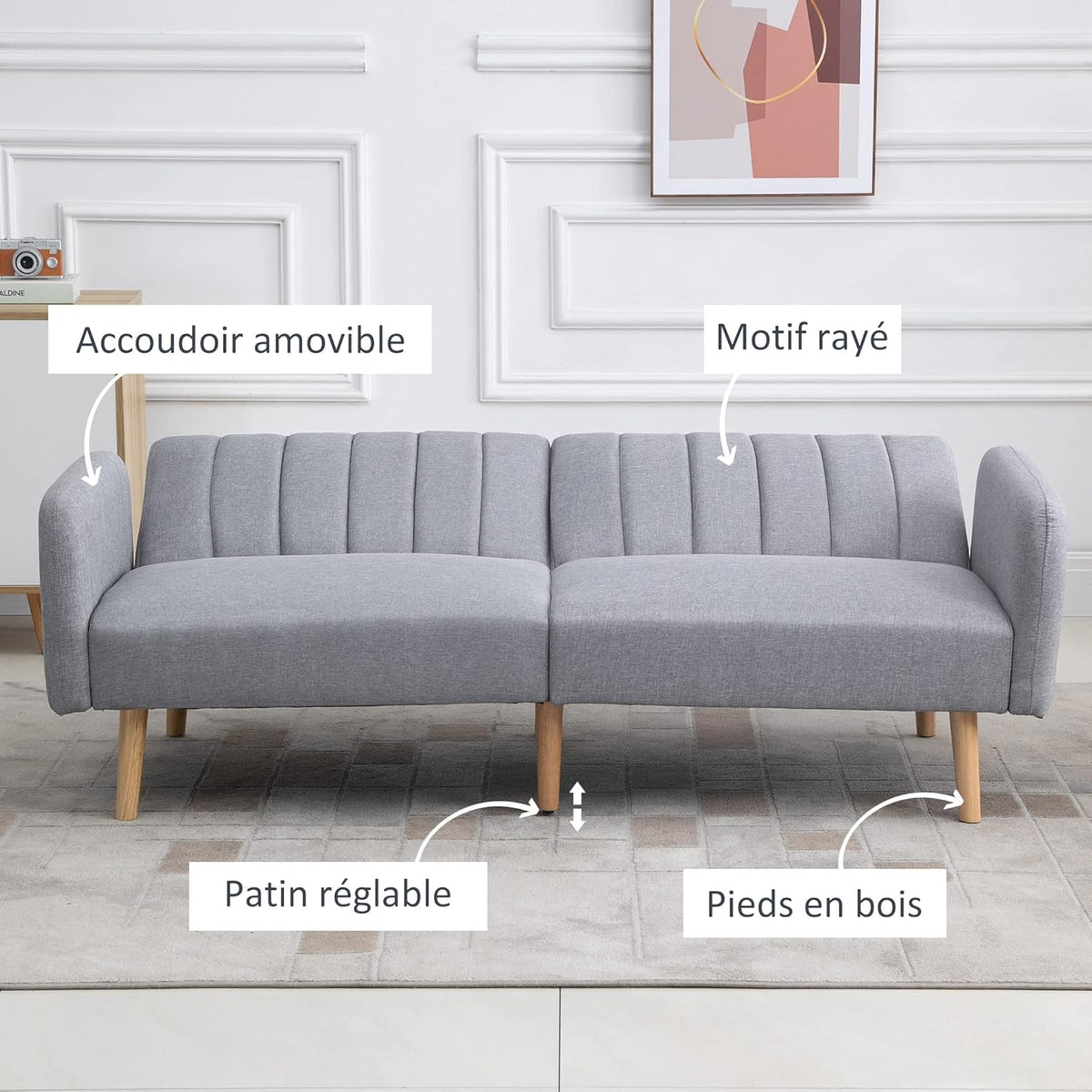 HOMCOM Canapé Convertible 2 Places Design scandinave Dossier inclinable 3 Positions Pieds Bois Tissu Aspect Lin Gris