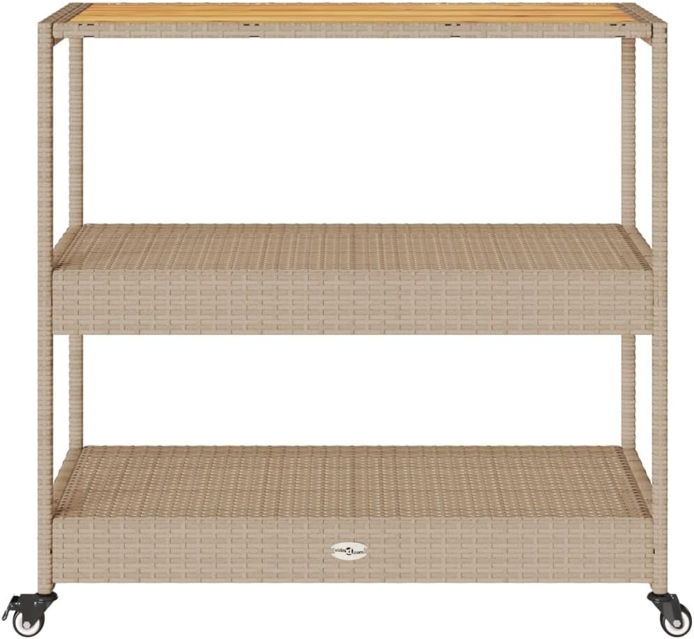 Tomostar Desserte de Jardin, Chariot de Bar Desserte Extérieur 3 Niveaux Beige rotin et Bois d'acacia Massif