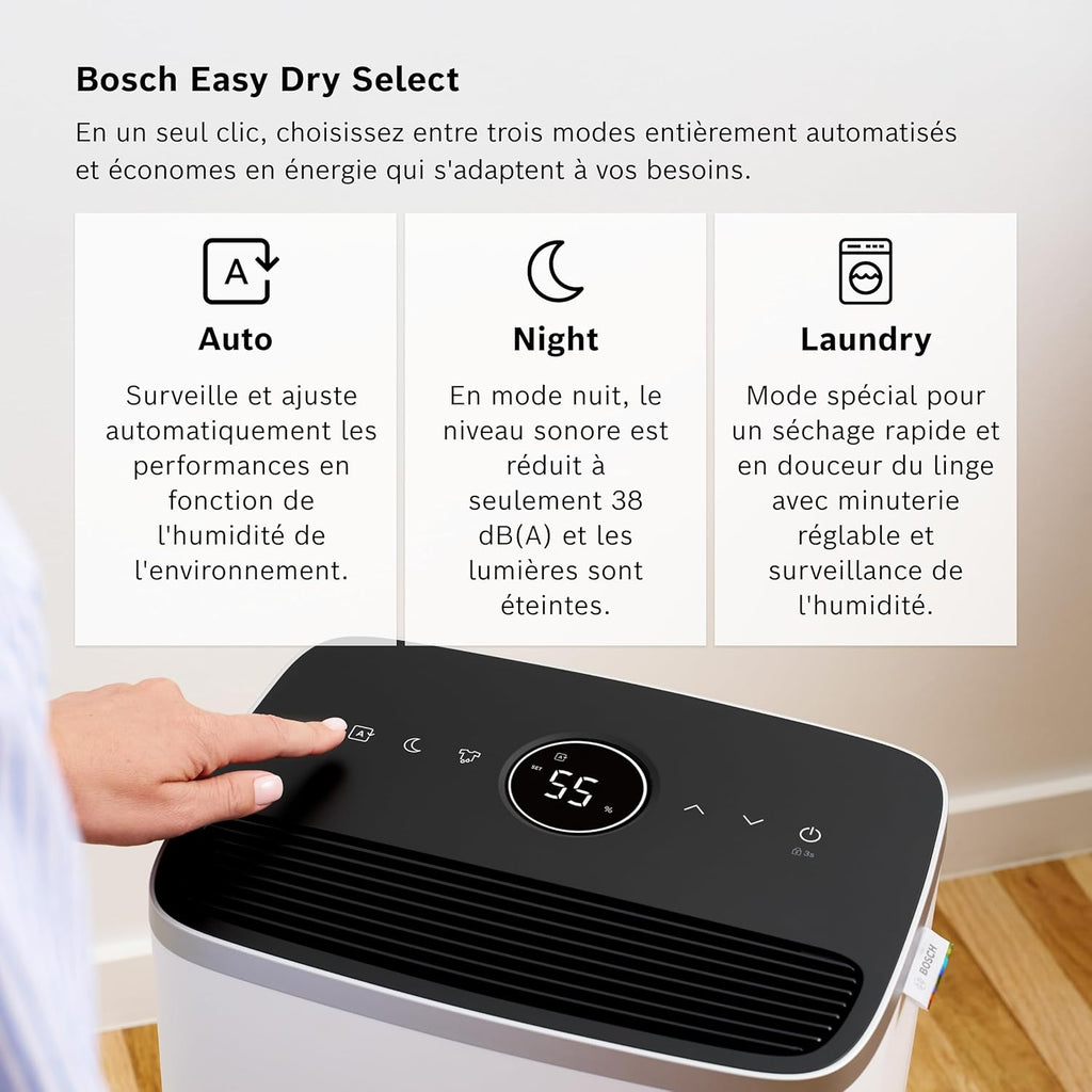 Bosch Dry 4000 - Déshumidificateur - Facile. Efficace. Silencieux. Pour la maison et la chambre - Pour jusqu'à 33m² - Séchage rapide du linge
