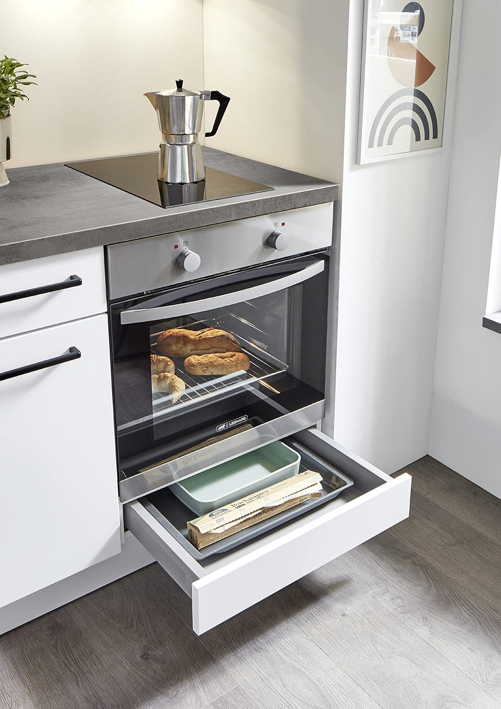 WALLERS cuisine complète 210 cm : Meubles + Plan de travail + Frigo intégré table top + Plaque de cuisson 2 foyers + Mitigeur (Plan de travail couleur béton, évier à gauche)