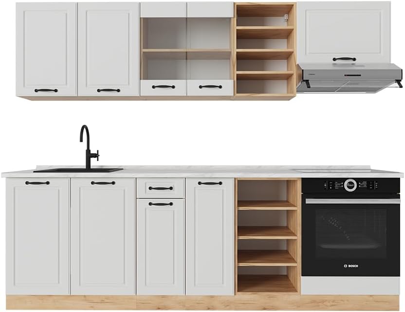 Vicco Cuisine R-Line, Blanc campagnard/Chêne doré, 240cm, PT Marbre