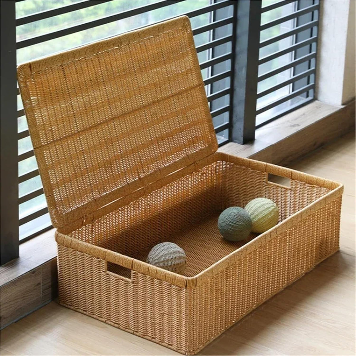 Panier Rangement avec Couvercles Boîtes de rangement en rotin imitation tricoté, organiseur vêtements et couettes avec couvercle, panier plat for le sous lit(75cm)