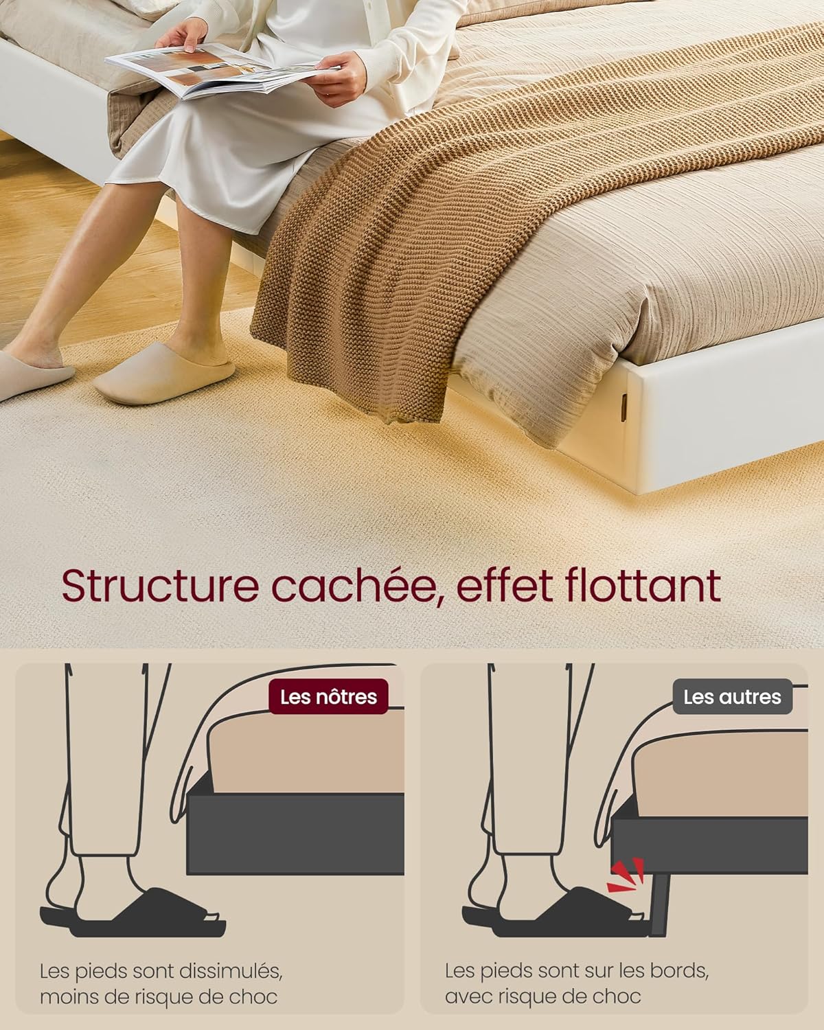 VASAGLE Lit Double 140 x 190 cm, Cadre Flottant avec Éclairage LED, Tête Haute, Multiprise, Style Moderne, Blanc Nuage RMB863W01