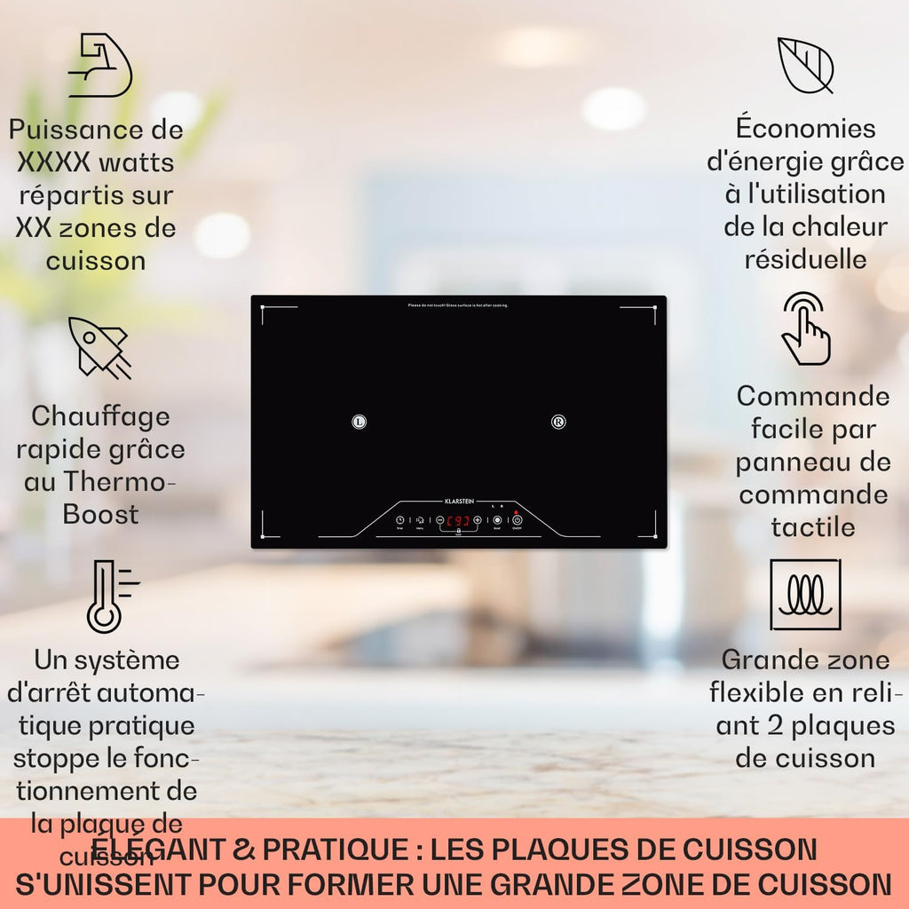 Klarstein Plaque Induction Encastrable 3500W, Table de Cuisson Induction en Zone Libre, Contrôle Tactile, Verre Céramique, 3500 W