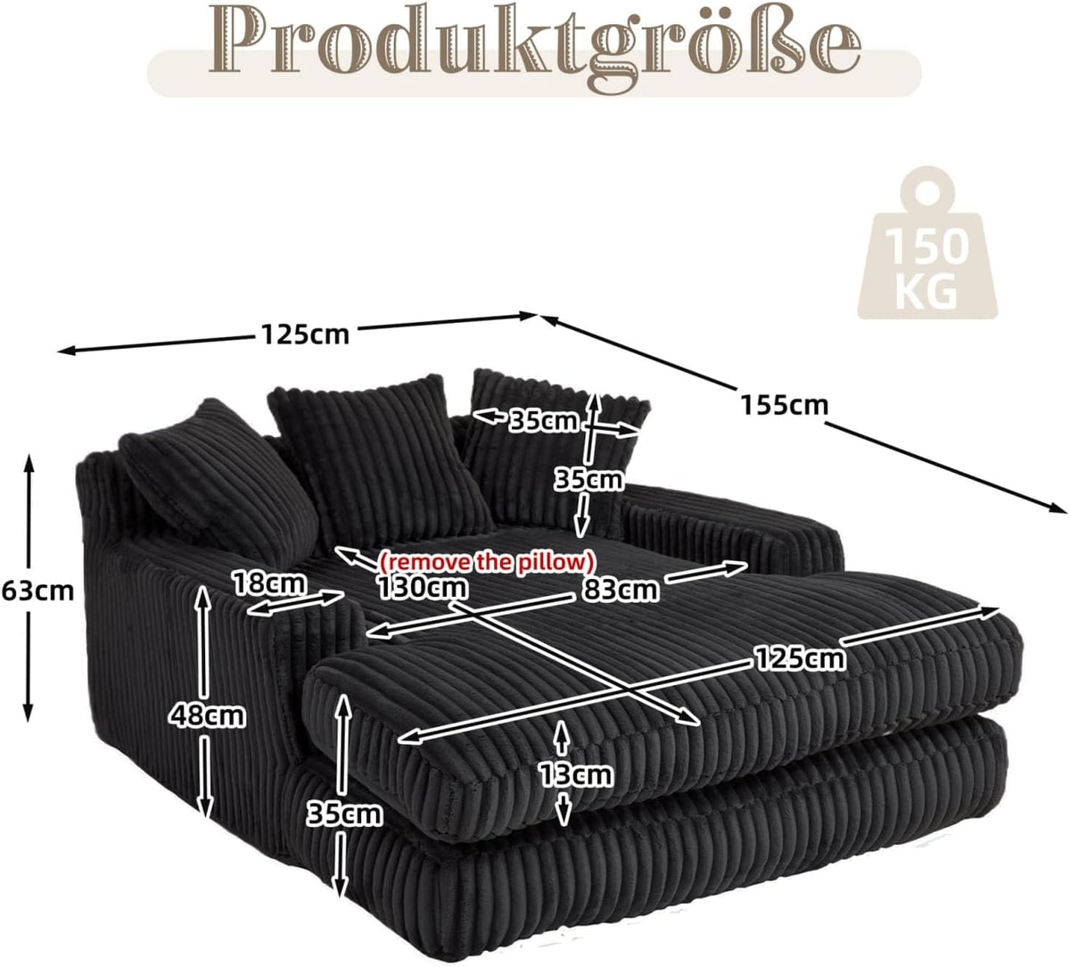 KOMHTOM Canapé-lit Moderne, Canapé Sol pour Les Paresseux, avec 3 Coussins, sans Installation, Idéal pour Chambre, Salon ou cinéma Maison (Noir)