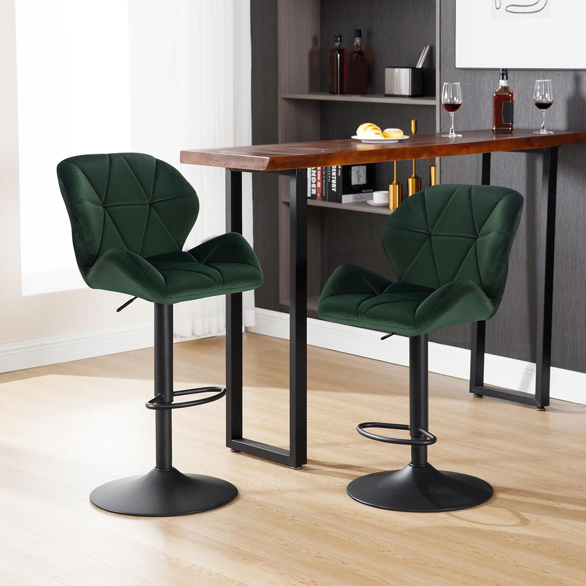 WOLTU Lot de 4 Tabouret de Bar réglable en Hauteur Chaise Haute pour Bar avec Dossier siège rembouré en Velours Pied en métal,Vert Foncé BH139dgn-4