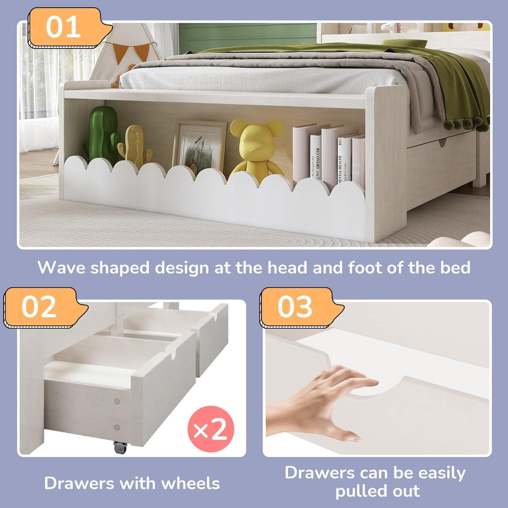KOMHTOM Lit d'enfant en Bois avec 2 Tiroirs et Espace de Rangement - Lit Simple avec Support à Lattes, 90x200 cm