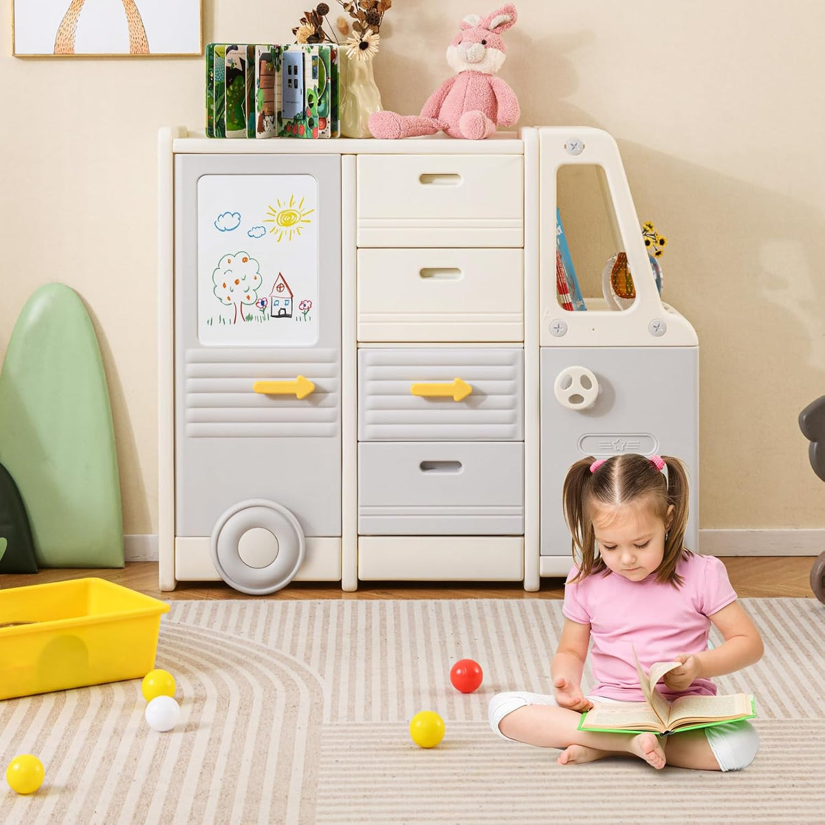COSTWAY Meuble de Rangement Jouet Enfant en Forme Bus avec 4 Tiroirs & 3 Placards, Étagère de Rangement Jouet en HDPE avec Tableau Blanc, Bibliothèque Enfant de 3 Ans+ pour Salle de Jeux Chambre Salon