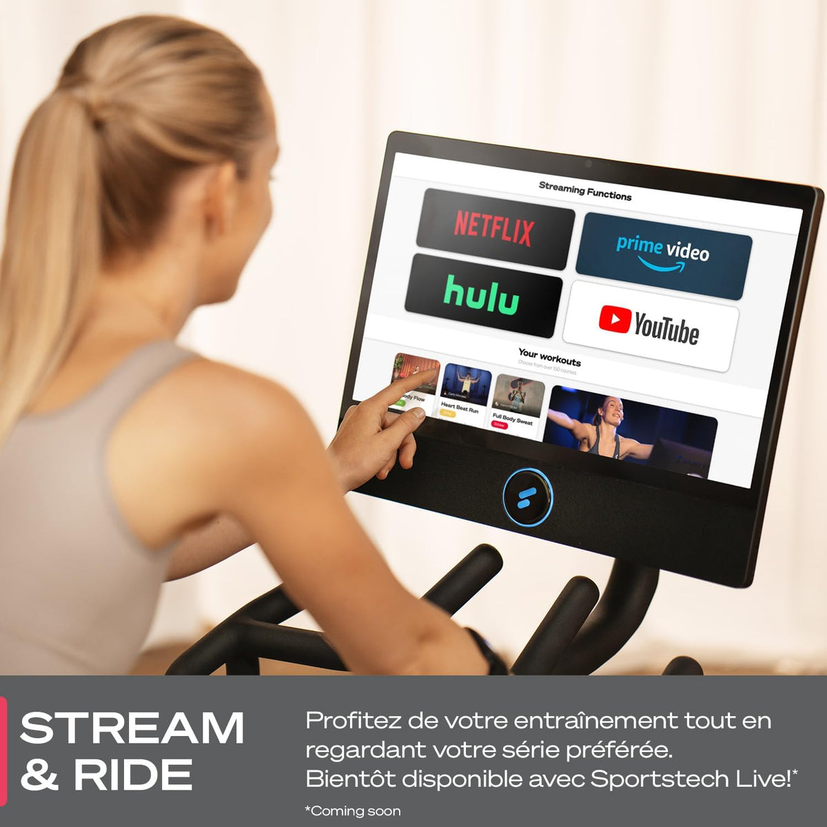 Vélo d'intérieur Smart sBike, écran tactile de 21,5" + LED| avec cours en direct et à la demande + expérience d'entraînement du corps entier | Vélo d'exercice Speedbike Sportstech Fitness Bike