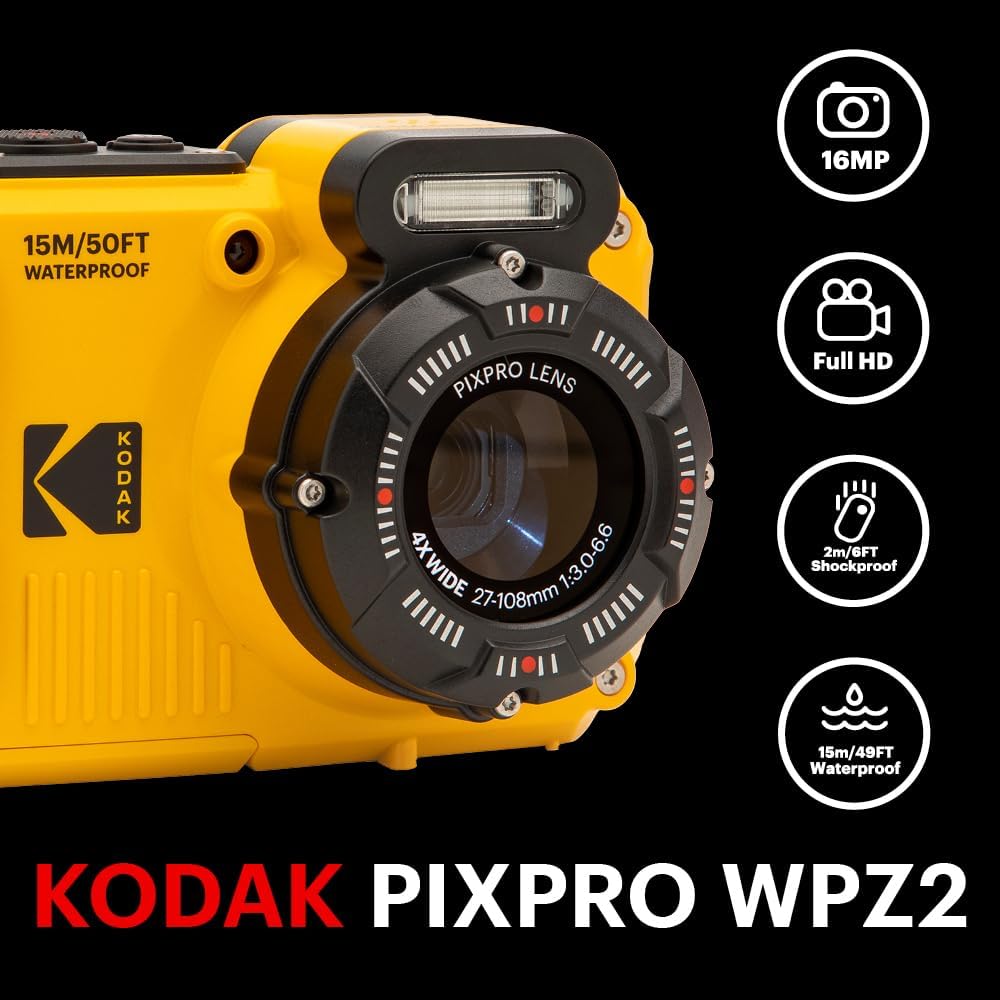 KODAK Pixpro WPZ2 - Appareil Photo Numérique Compact 16M Pixels, étanche à 15m, Anti-Choc, Video 720p, Ecran LCD 2,7 - Batterie Li-ion, Jaune