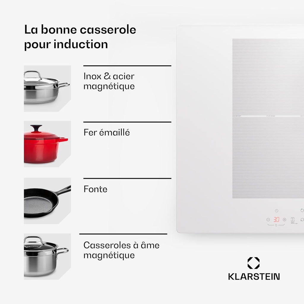 Klarstein Table de Cuisson Induction 4 Feux 7000W, Contrôle par Touches, Affichage Numérique et Minuterie