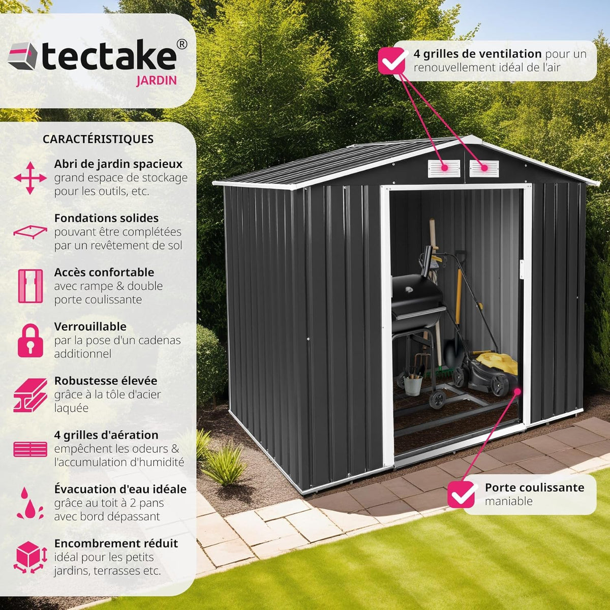 tectake Abri de Jardin en métal Cabane de Jardin à Outils en Métal Toiture 2 pans avec Fondation, Rangement et Stockage extérieurs Moto, Vélo, Tondeuse, Brouette, Outils de Jardinage 214x130x185 cm