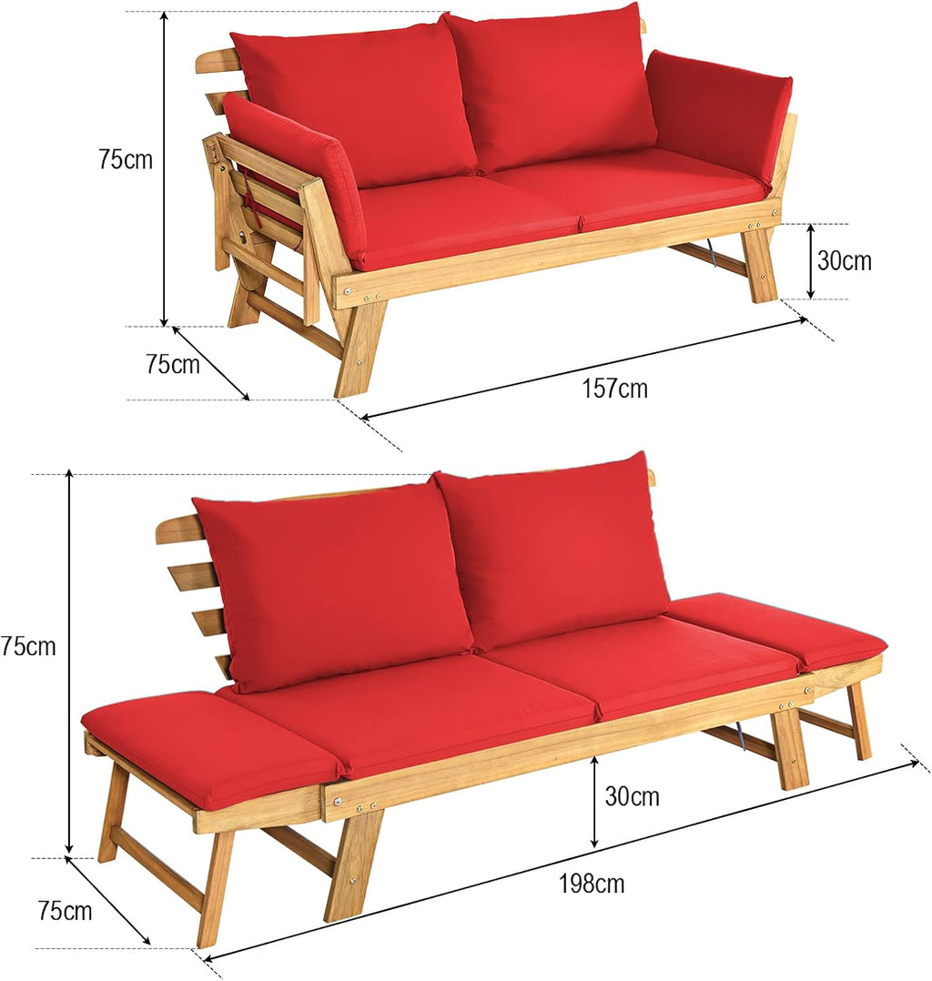 GOPLUS Canapé Lit de Jardin Extensible 2 Places Charge 320 KG, Accoudoirs Réglables, Coussins & Dossier Amovibles, Cadre en Bois d’Acacia Massif, pour Terrasse, Balcon, Parc, Patio（Coussin Rouge）