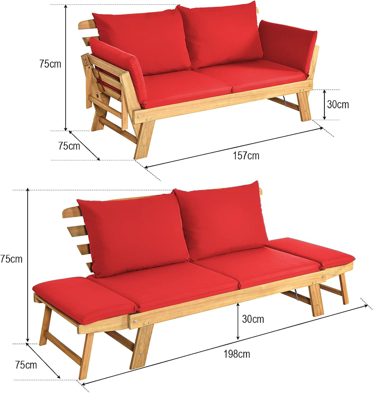 GOPLUS Canapé Lit de Jardin Extensible 2 Places Charge 320 KG, Accoudoirs Réglables, Coussins & Dossier Amovibles, Cadre en Bois d’Acacia Massif, pour Terrasse, Balcon, Parc, Patio（Coussin Rouge）