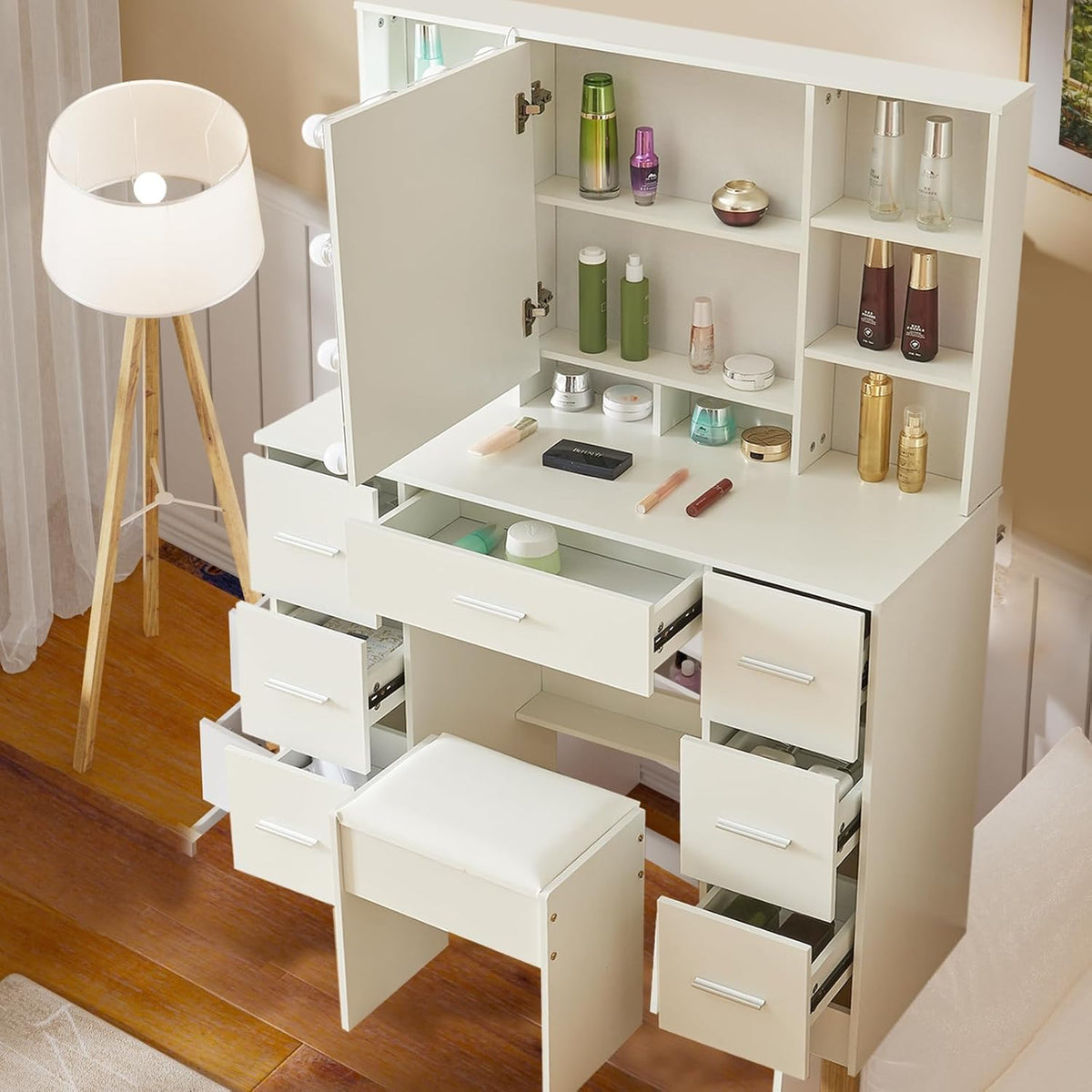 Buildonely Grande coiffeuse avec éclairage et tabouret, 100 x 40 x 140 cm, 3 températures de couleur et luminosité réglable, coiffeuse avec miroir, moderne, blanche 2 poignées