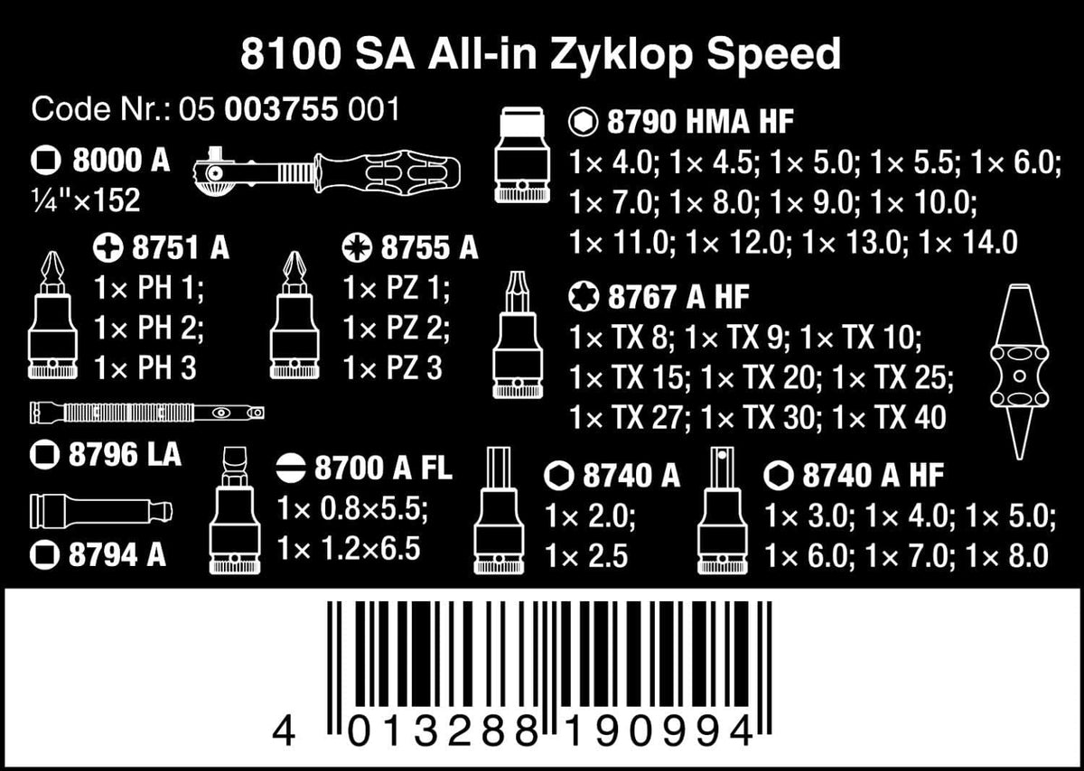 Wera 05003755001 8100 SA All-in Jeu cliquet Zyklop Speed, à carré 1/4“, avec fonction de retenue, métrique, 42 pièces