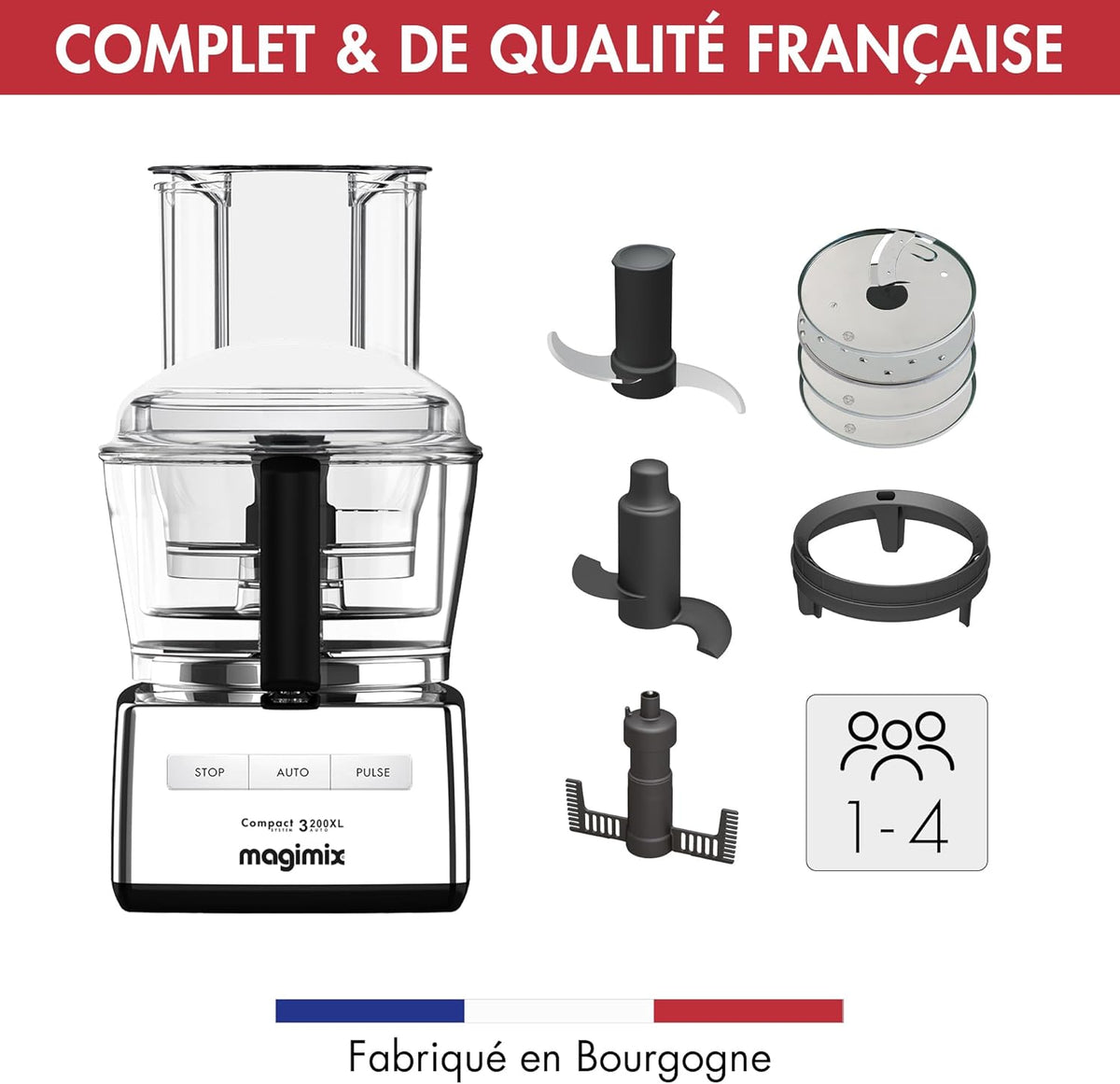 Magimix Robot de Cuisine multifonction 3200 Chrome Brillant Compact Bol 2.6L - Hachoir, Blender - Fabriqué en France