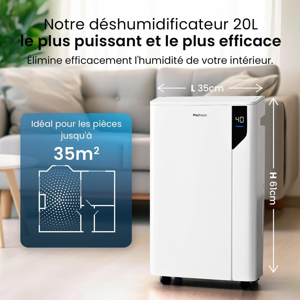 Pro Breeze Déshumidificateur d Air 20L/Jour - Deshumidificateur économe en énergie avec Mode Séchage des Vetements, Capteur et indicateur d'humidité, Filtre - Absorbeur d'humidité et moisissures