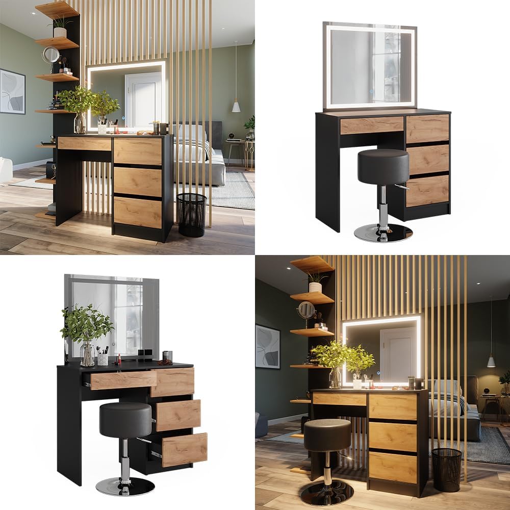Vicco Coiffeuse Sherry, Anthracite, 90x75cm avec Miroir LED et Tabouret