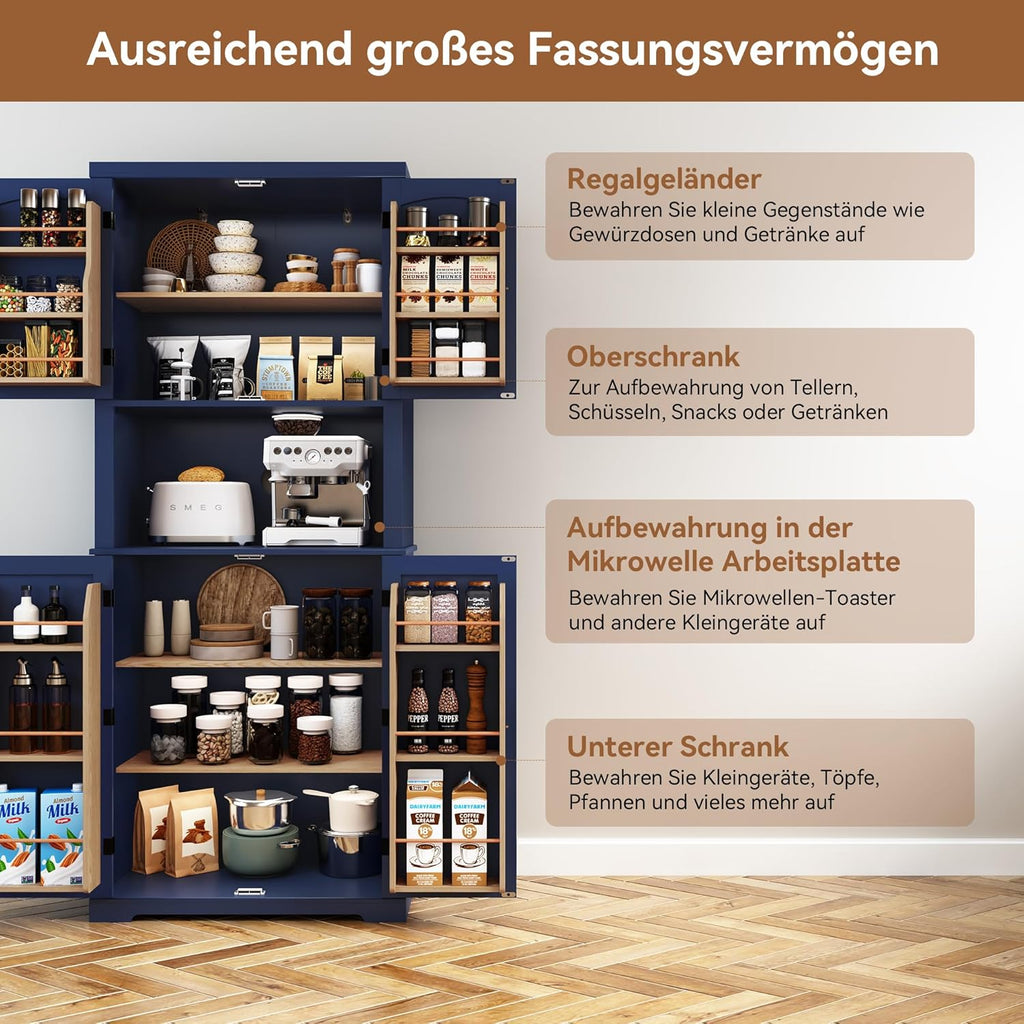 HOLTICO Armoire de cuisine avec plan de travail, armoire haute, buffet, garde-manger, garde-manger avec portes et étagères, pour salle à manger, buanderie, salon, bleu