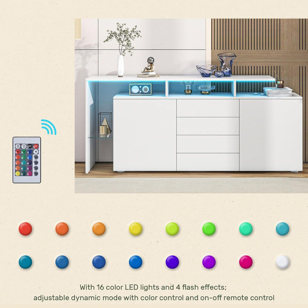 Entapuk Buffet LED, Meuble Polyvalent 2 Portes 4 Tiroirs, Vitrine Salle à Manger, Blanc Brillant