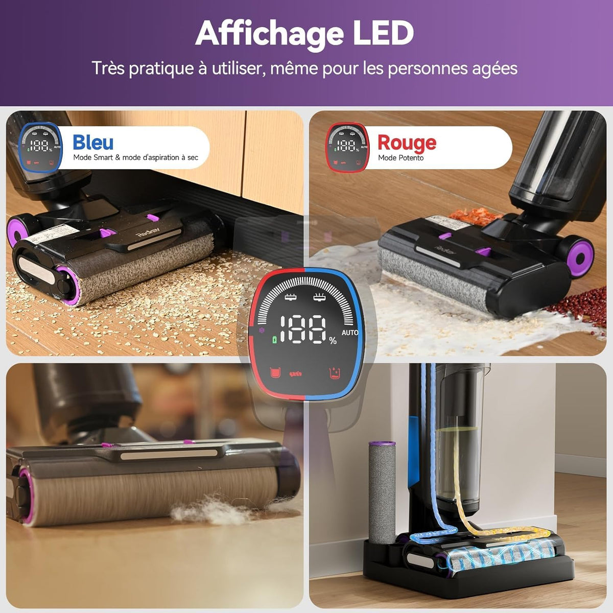Redkey W15 Aspirateur Balai Laveur sans Fil, 20.000 Pa Balai aspirateur Laveur 3 en 1, Aspiration Puissant Eau et Poussière, 5mm Simple Lamination, Longue Autonomie, LED écran Digital, Auto-Nettoyage