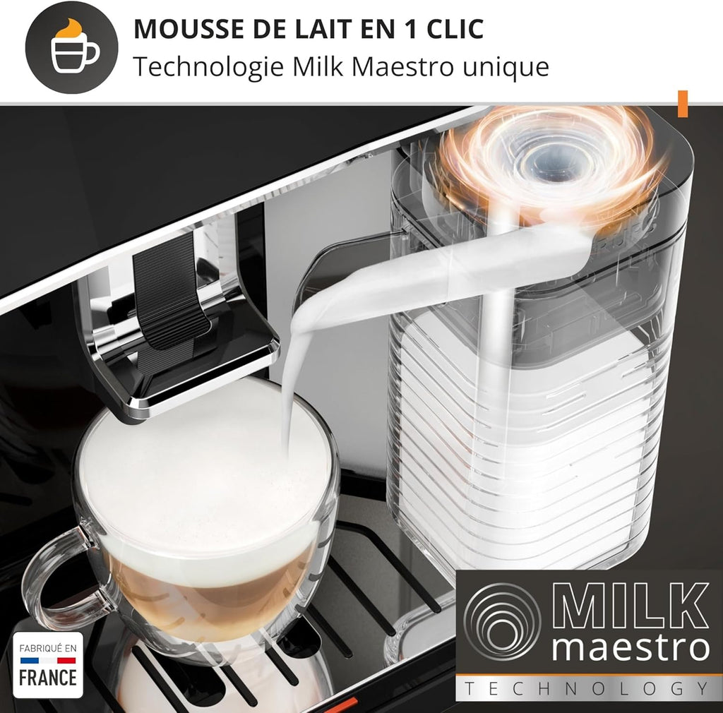 Krups Sensation Lait, Machine à café grains, machine expresso, 6 boissons, Carafe à lait, Cappuccino, Interface tactile, Nettoyage automatique, Silver, EA912E10