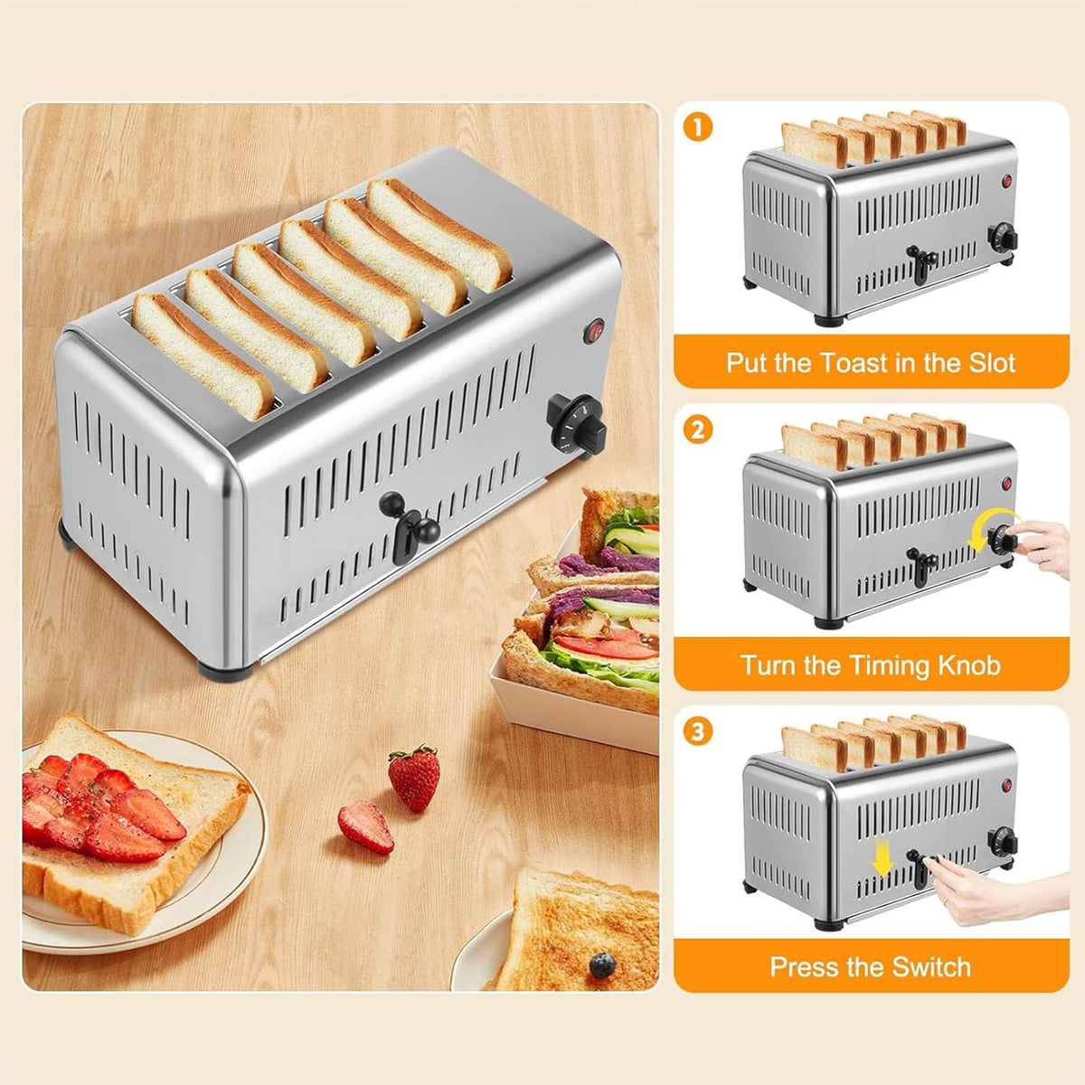 Beachtiful Machine à Pain Commerciale Grille-Pain 6 Tranches, Fente de 3 cm, pour Restaurant et Cuisine Domestique 2240W