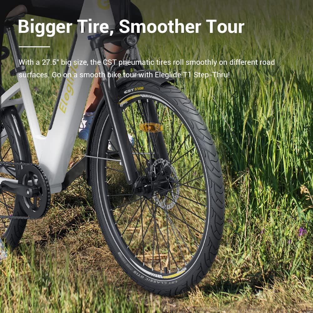 Eleglide T1 Step-Thru Vélo Électrique, Vélo de Trekking électrique, E-Bike 27,5 Pouces, Batterie 36V 12,5AH, 7 Gear, Double Frein à Disque, Blanc VTC Electrique Homme Femme