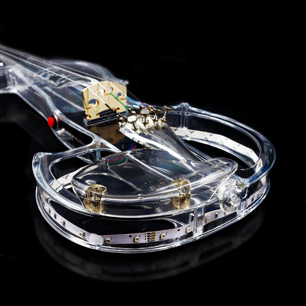 WUQIMUSC Violon électrique taille 4/4, corps en verre acrylique transparent, 3 couleurs, lumière LED, joli ton avec étui, ruban, elv-led