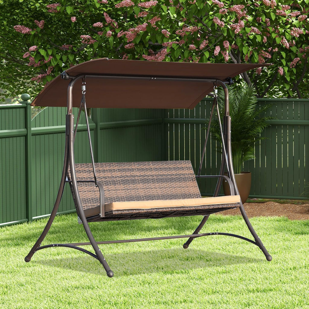 Angel Living Balancelle de Jardin 159T, avec Toit Marron et Chaise en rotin tissé, 170 x 110 x 153 cm 3 Places