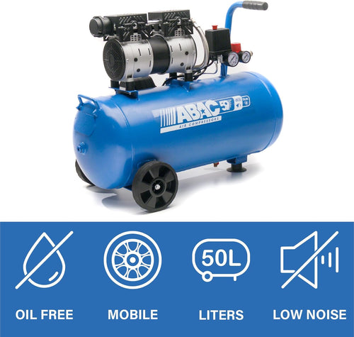 ABAC Compresseur d'Air Silencieux EASE-AIR 50, Compresseur d'Air sans Huile, Pression Maximale 8 Bar, Puissance 1 ch, Réservoir 50 litres, Niveau Sonore 59 dB, Blue