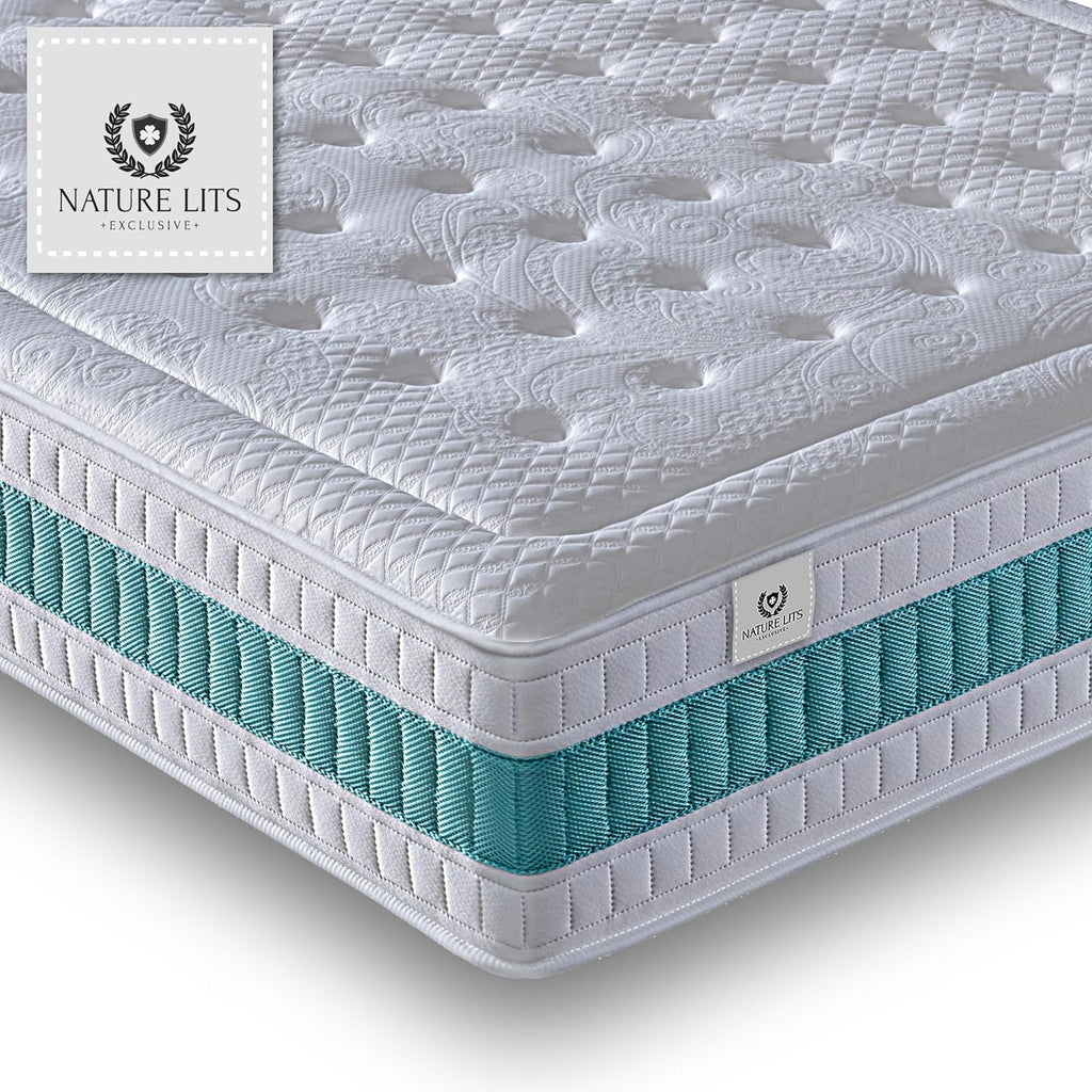 NATURELITS Matelas 180X200 cm Ferme Moyenne Haut Confort Double Hiver Été Noyau à Ressort Ensaché Ressorts Ensachés Mousse à Mémoire Couleur Gris Serene Hybrid Épaisseur 30 cm