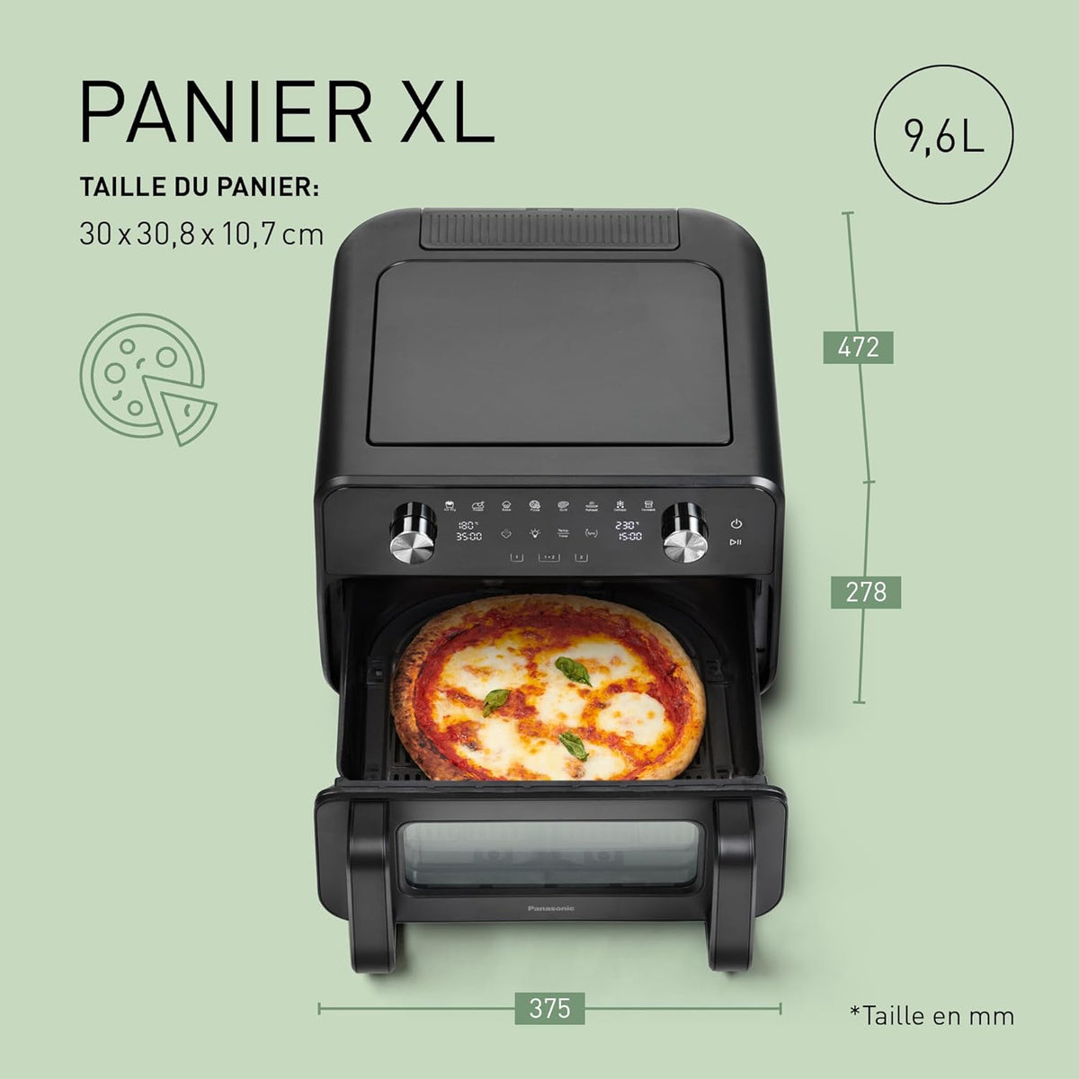 Panasonic NF-BC1000 Friteuse à Air Flexible avec Fenêtre, XL Panier Flexible, Séparateur Amovible, 9,6L, 30°-230C, Vapeur Douce, 8 Préréglages, Nettoyage Facile, Noir