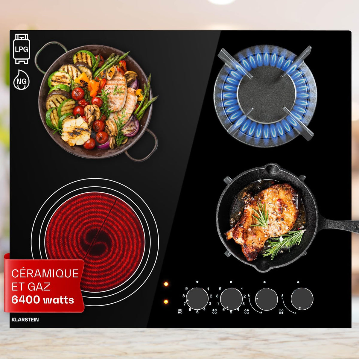 Klarstein Plaque de Cuisson Mixte 4 Feux, Vitrocéramique et Gaz, Acier Inoxydable, 6.4kW