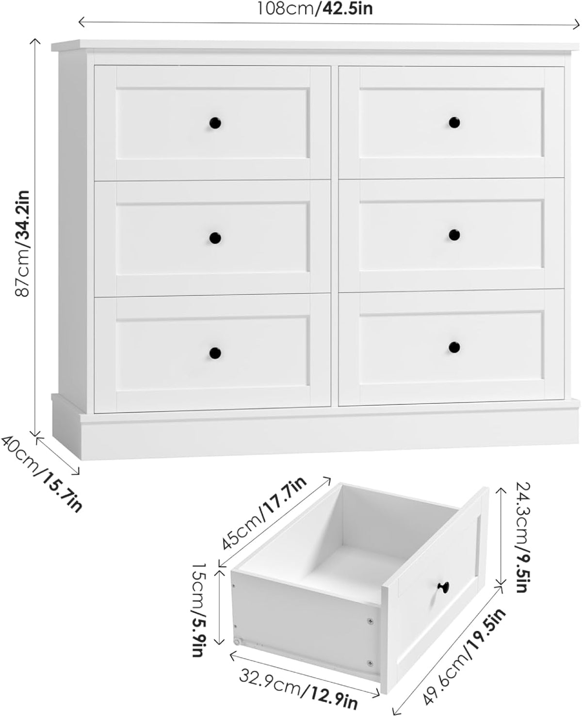 FOREHILL Commode Chambre Blanche Commode 6 Tiroirs Meuble de Rangement Chambre Adulte en Bois, Style Moderne 108x40x87cm