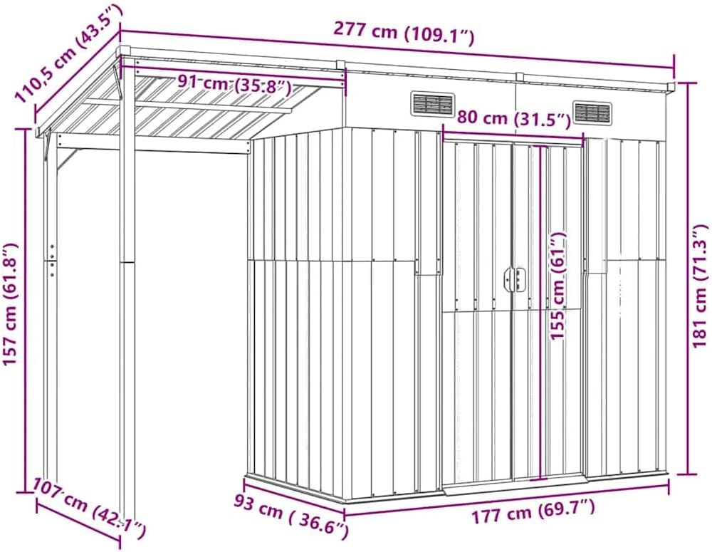vidaXL Abri de Jardin avec Toit prolongé Vert 277x107x181 cm Acier, Rangement de Jardin, abri à Outils de Jardin, Rangement de Jardin pour Outils