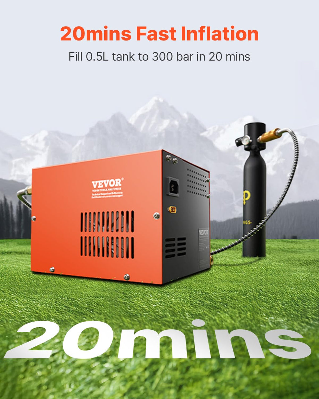 VEVOR Compresseur d'air portable PCP, 300 W 30 MPa, avec convertisseur intégré et système de refroidissement par ventilateur, arrêt manuel, pompe réservoir de paintball sans huile pour pistolet à air