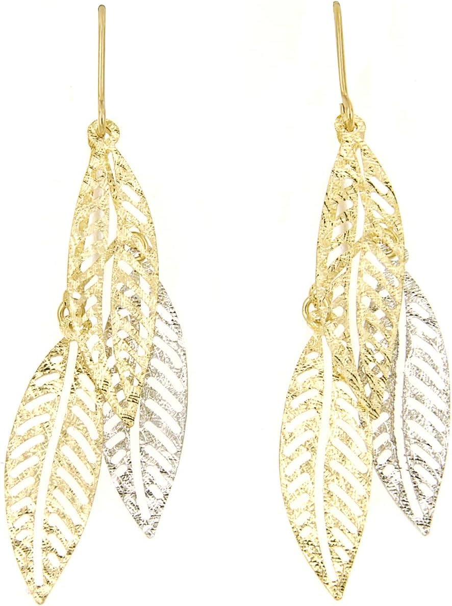 Lucchetta - Boucles d'oreilles en Or Blanc et Or Jaune 9 carats (375) avec Pendentif Feuilles - Bijoux pour Femme Élégants et Authentiques