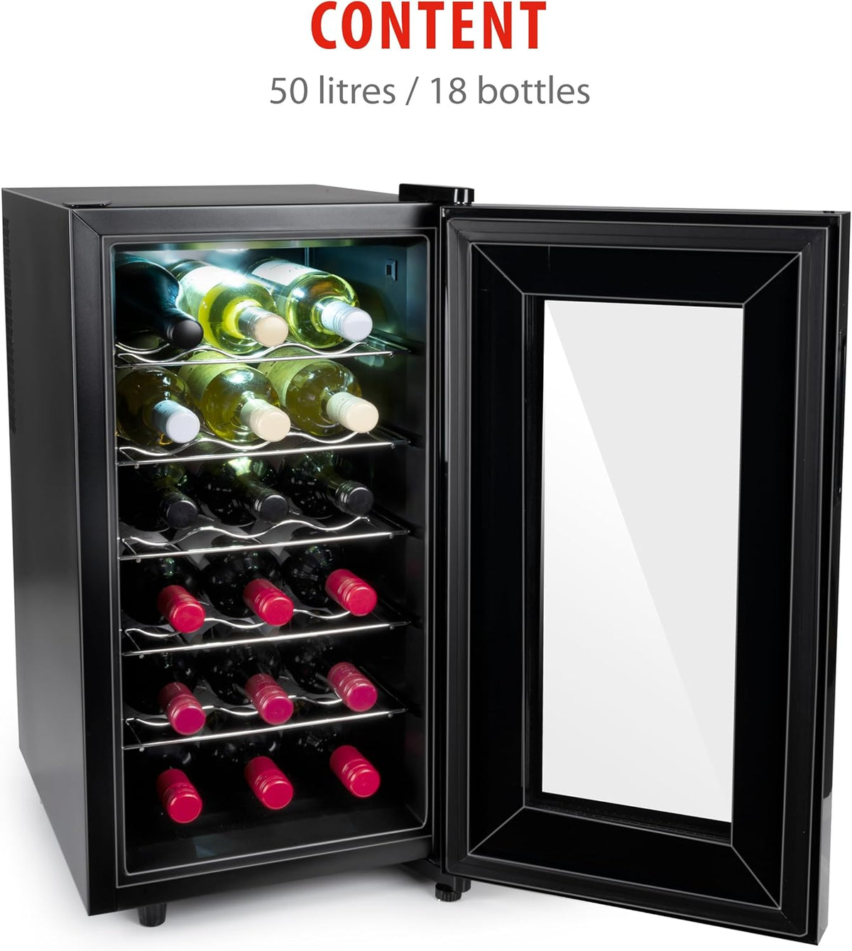 alpina Cave à Vin - 230V - 18 Bouteilles/50L - Température Réglable de 11°C à 22°C - Porte Vitrée et Éclairage Intérieur - Peu ou pas de Bruit - Noir