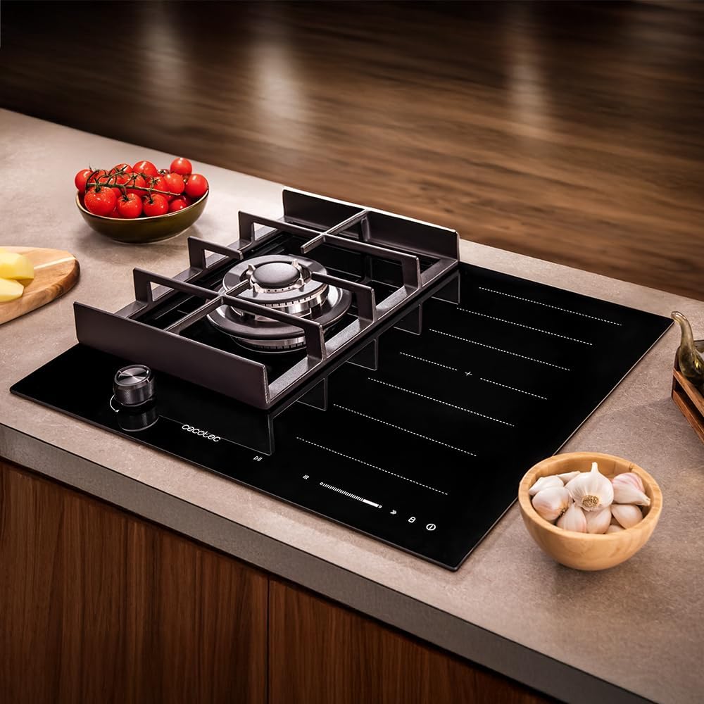 Cecotec Plaque de Cuisson à Induction et à Gaz Bolero Squad Gi 3500 Hybrid Fullflex, 3,4 Kw, 9 Vitesses, Fonctions Booster,Maintien au Chaud et Stop&Go, Zone Fullflex, Système de Sécurité des Valves