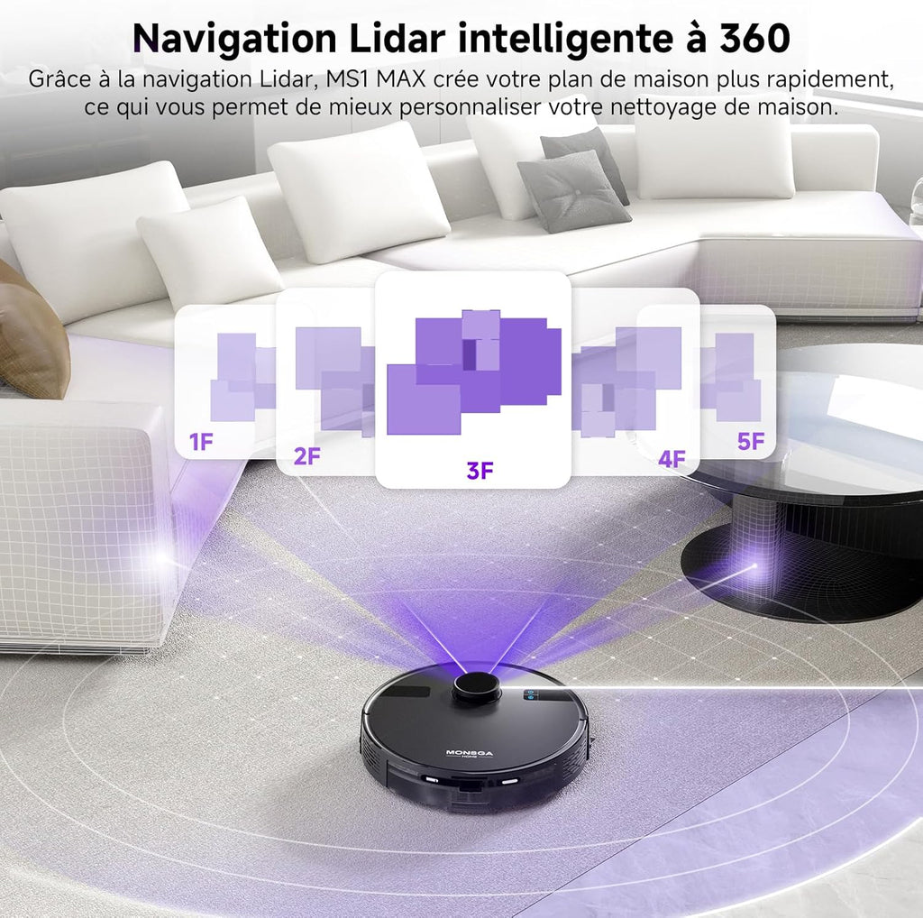 MONSGA Aspirateur Robot Laveur 5000Pa Aspiration avec Station & 3.5L Collecteur de Poussière, 180min, Navigation LiDAR & Cartographie, Idéal pour Tapis Poils d'animaux, App