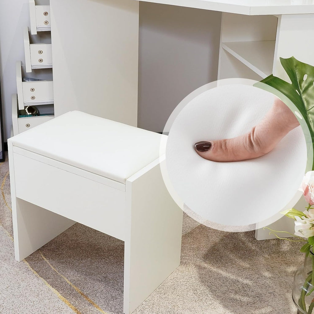 CLIPOP Coiffeuse avec Miroir LED à Luminosité Réglable et 5 Tiroirs Rangement Table de Maquillage Blanche Coiffeuse d'angle avec Tabouret Couffeuse en Bois 114 x 61 x 140 cm