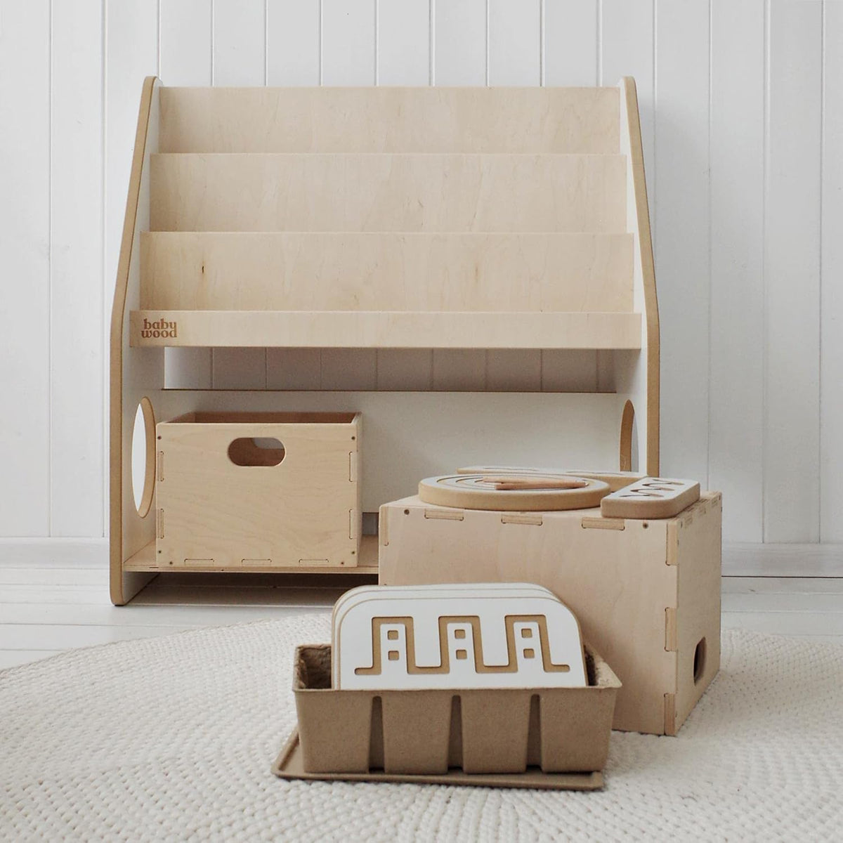 Babywood Bibliothèque en Bois pour Enfants | Étagère Montessori avec 2 Caisses à Jouets | Rangement Sûr pour Chambre d'Enfant