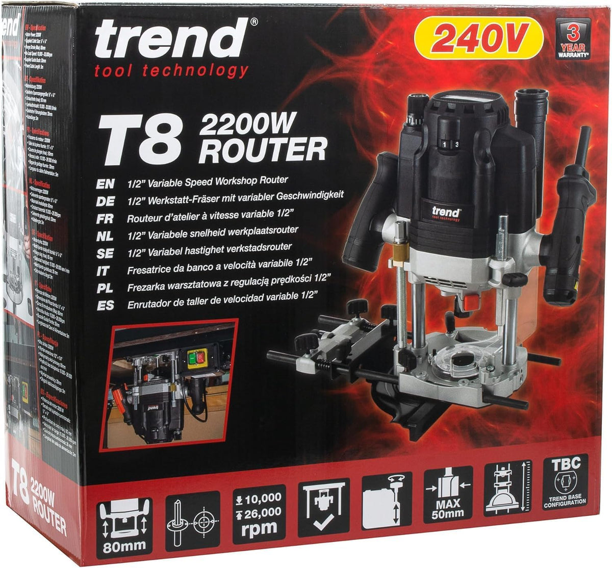 Trend T8 Défonceuse à Plongée Double Mode 12mm pour Atelier, Conçue pour Utilisation Manuelle et Table, 2200W, 230V, Noir, T8EK/EURO